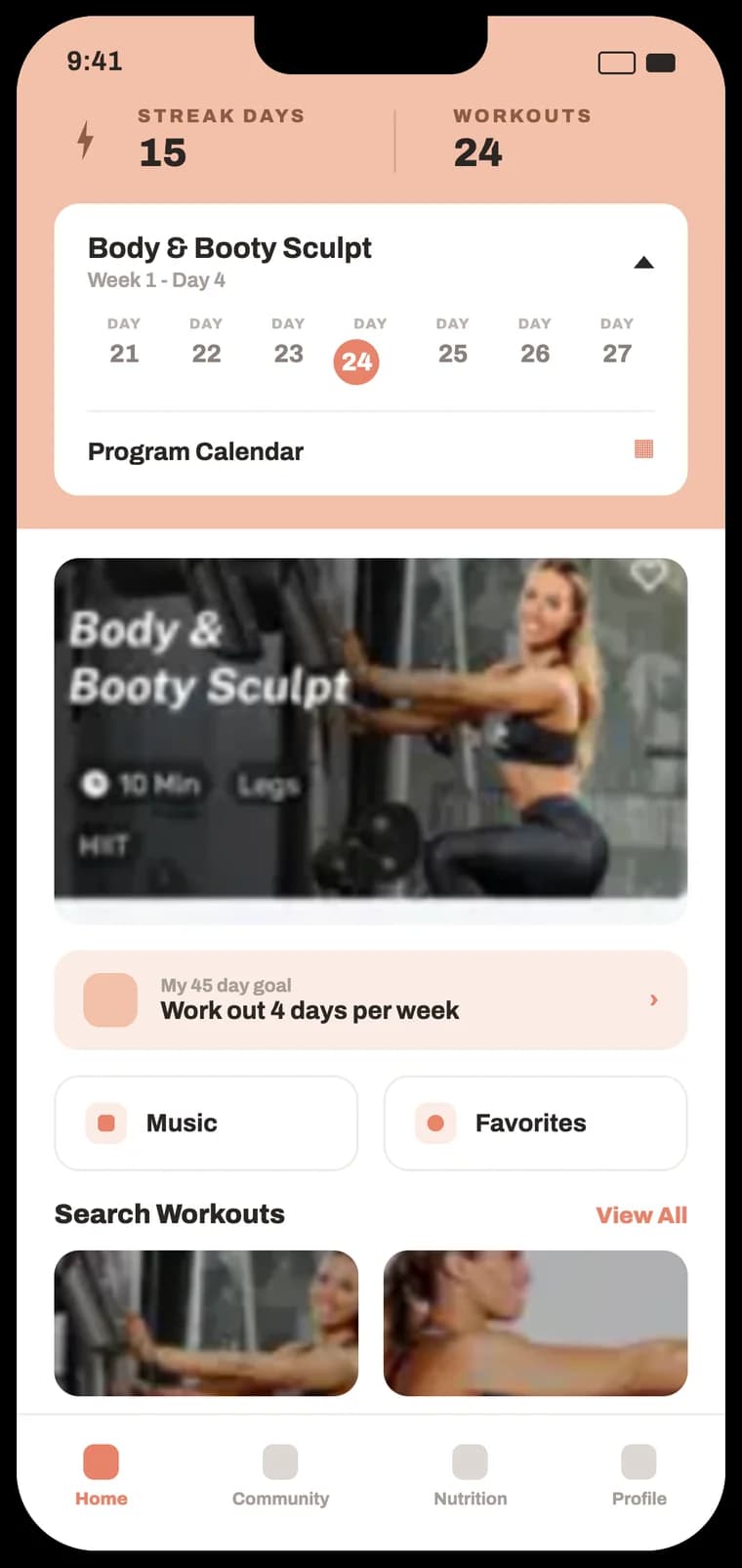 Plankk white-label trainer app — home (warm theme)
