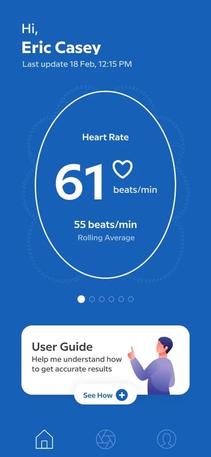Vastmindz — vitals carousel, heart rate reading