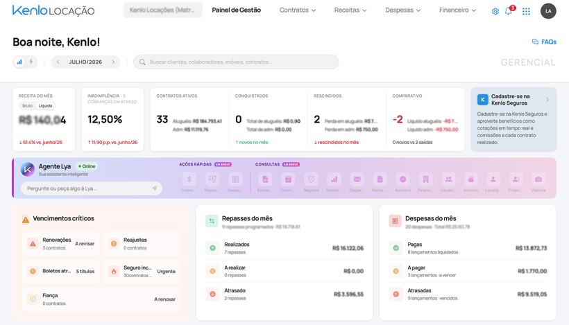 Kenlo Locação management dashboard