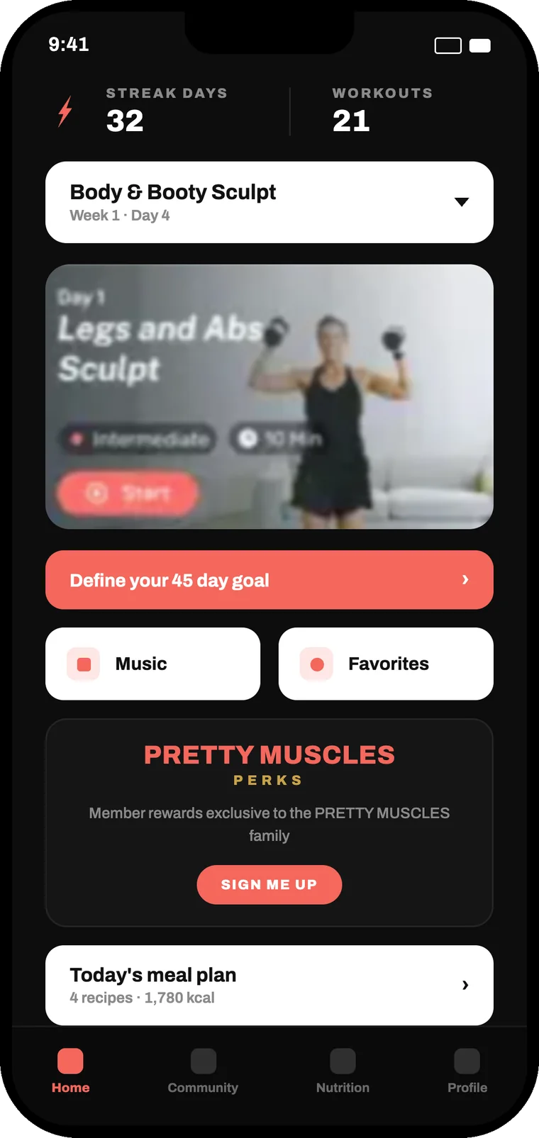 Plankk white-label app — trainer home (dark theme)