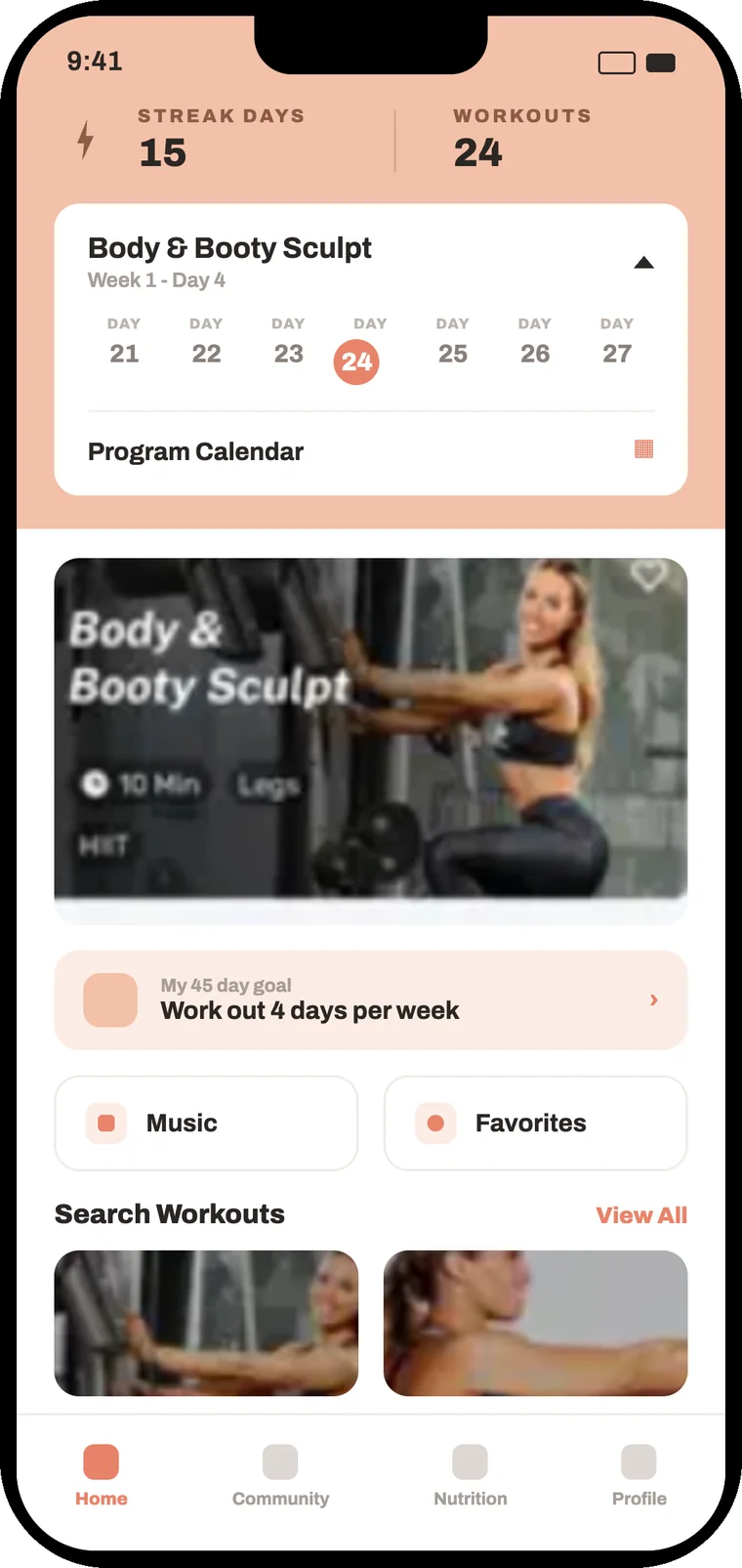 Plankk white-label app — trainer home (warm theme)