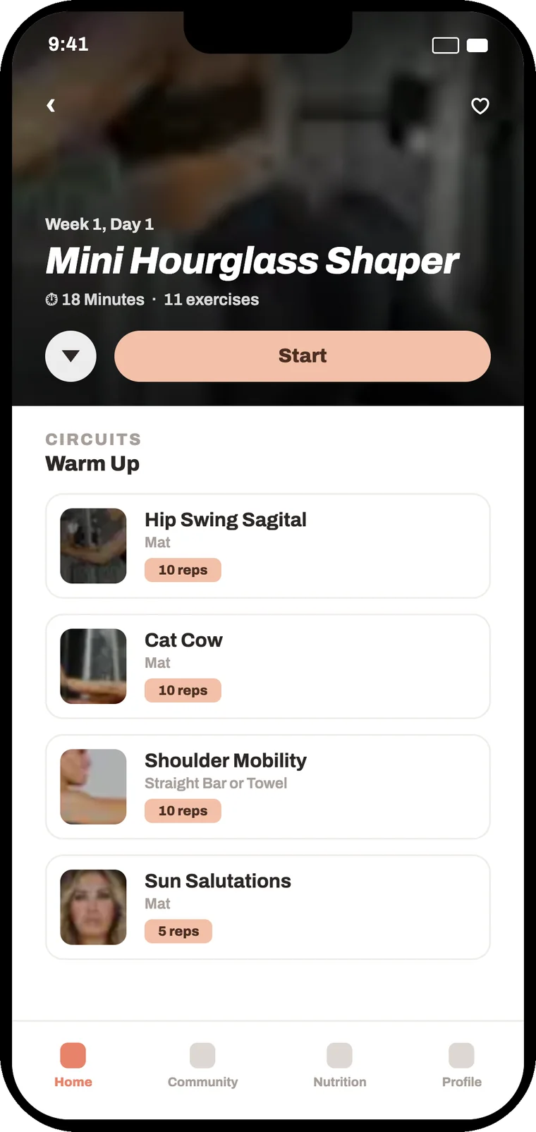 Plankk white-label app — workout detail (warm theme)